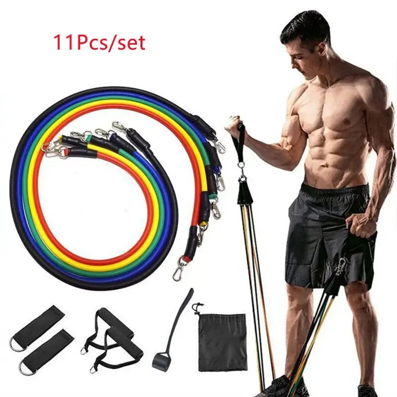 Conjunto de 11 faixas de resistência de TPE, faixas de resistência com âncora de porta, alças, bolsa de transporte, tiras de tornozelo para pernas, faixas de exercícios