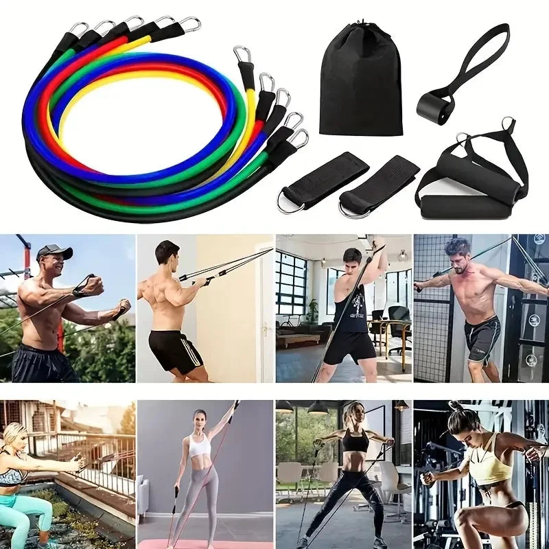 Conjunto de 11 faixas de resistência de TPE, faixas de resistência com âncora de porta, alças, bolsa de transporte, tiras de tornozelo para pernas, faixas de exercícios